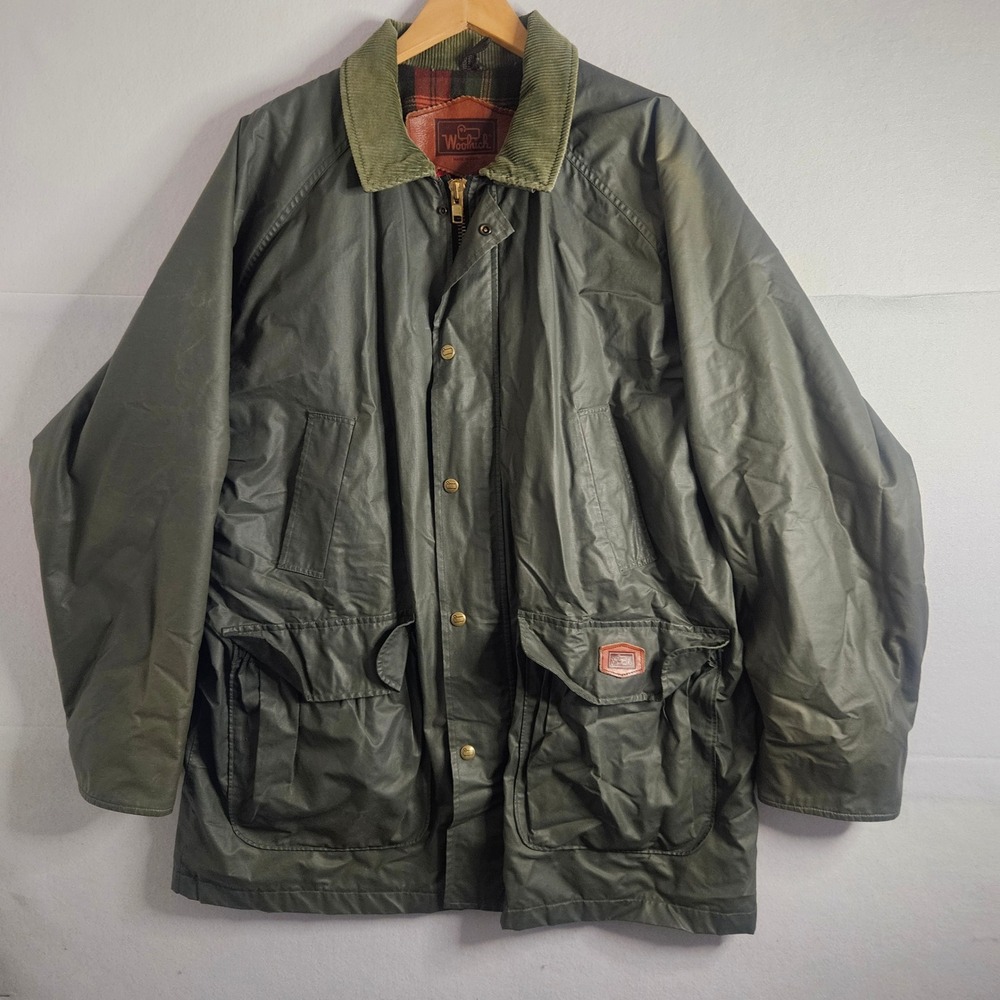 Vtg Woolrich Barn Jacket Mens XL Green Plaid Lined Corduroy Collar Made in USA